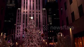 Rockefeller Center Christmas tree in New York City in December during holiday season at evening