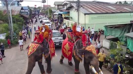 Buddhist monks ride elephants to lead colourful religious parade in Thailand