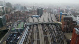 Aerial view of a quiet Leeds train station during Tuesday's strike