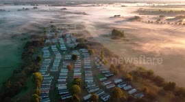 Drone flight over Riverside Meadows near Ripon, North Yorkshire on a misty autumn morning