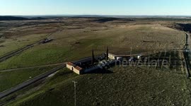 Flying over graveyard, in Urrez, Burgos, with a drone in sunset with amazing views