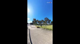 Skater woman relies on husband to catch her when she falls; he keeps forgetting it