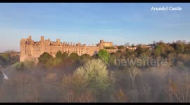 Arundel castle in the mist at sunrise Dji mavic 3 4K footage shot at 06:30 in the morning
