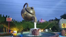 A giant teapot-shaped sculpture in the air in Malacca, Malaysia