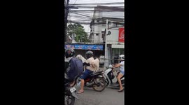 Biker rides along road with THREE dogs balanced on his motorcycle