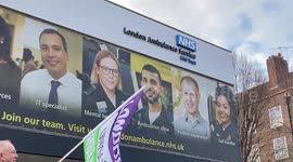Picket line outside London Ambulance Service HQ as paramedics strike