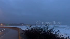 Road flooded by seastorm in Narragansett, RI, USA