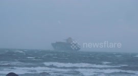 Container Ship Struggling in Shipping Lane Off Boston In Winter Storm Elliott