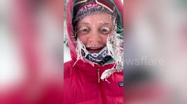 Sub-zero temperatures in Montana, US, completely freeze woman's eyelashes and hair