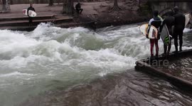 Surfing the Eisbach River in Munich! Amazing this guys in this waters!