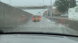 Flash flooding of the roads in Cartagena Colombia. Driving in one of the main roads in a taxi.