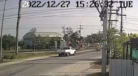 Five injured from when truck ignores level-crossing barrier and oncoming train hits vehicle