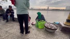 Fisherwoman sells morning catch from Mekong River in Cambodia