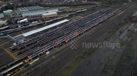Parked trains lie empty of passengers in Birmingham as UK rail strikes cause disruption at the start of week long industrial action