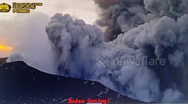 Close-up of the moment Mount Marapi erupted in West Sumatra, Indonesia