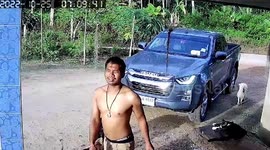 Pickup truck rolls backward onto road after driver forgets to pull handbrake