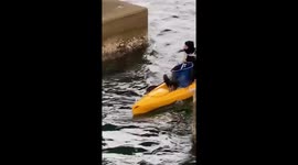Kayak fisherman rescues drowning cat from ocean using fishing net