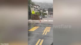 Fire hydrant burst in Santa Barbara sending mains water into the air and exacerbating flooding