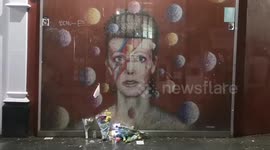 On the anniversary of his death heavy rain had put people of from attending the annual tributes to the David Bowie manorial that resides in Brixton. A few flowers had been left but this was the quietest it has been on the anniversy