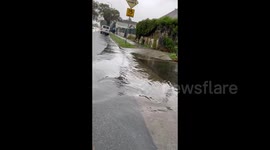 Cars driving through flooded streets in Los Angeles, CA, USA