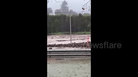 U.S. Highway 101 in Montecito, California completely flooded by heavy rain