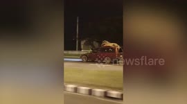White pony pokes out of truck's roof on highway in Thailand