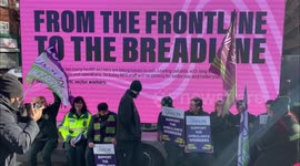 Ambulance workers strike - picket outside the London Ambulance Service at Waterloo
