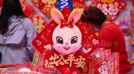 Couplets and lanterns hung in market for shoppers ahead of Year of the Rabbit