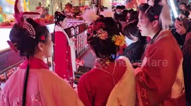 Beautiful Women in Hanfu Participate in the Lantern Folk Art Festival of The Year of Rabbit In Shanghai, China