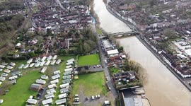 Drone footage shows UK's River Severn rising due to flooding and defences installed