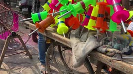 Preparations for the International Kite Festival in the streets of Ahmedabad