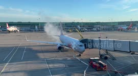 Cold Snap Jet2 Plane is de iced at London Stanstead  today bound for Tenerfie  weather winter UK `cold snap travel