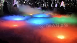 The water features in Jubilee Gardens in Canary Wharf become a smokey wonder as it is turned into something amazing for the Canary Wharf Winter Lights Festival