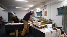 Artist Bench Allen from the Jealous Gallery shows how he scene prints. His demonstration took place at the London Art Fair 2023