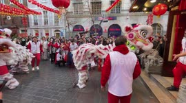 London's Chinatown is incredibly crowded as dragons and lions visit businesses for good luck - Chinese New Year - Year of the Rabbit