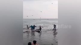 Chinese rescuer lies in cold water so trapped tourists can step on him