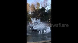 Fountains in Tokyo, Japan, freeze during cold snap