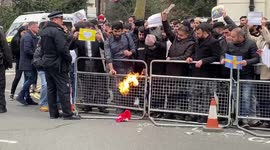 Muslim protesters burn Swedish and Danish flags during demonstration in London