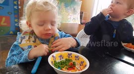 You heard of sleepwalking, watch this funny baby boy 'sleepeating'