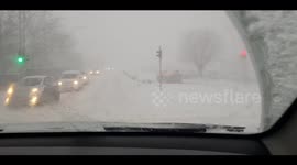 Watch as Reykjavik is battered by a huge snowstorm, causing dangerous driving conditions with severe weather warnings issued across many parts of Iceland