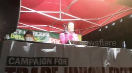 Love Island star Sharon Gaffta speaks at the defend the right to strike protest