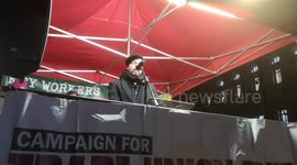 Sam Browse talks at the Right To Strike Protest which was held opposite Downing Street In Westminster