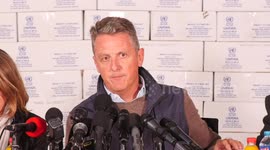 Thomas White, director of UNRWA affairs in Gaza and Lynn Hastings, Humanitarian Coordinator for the Palestinian territory speak during a press conference on the occasion of formal launch of the 2023 Humanitarian Response Plan (HRP) for the Palestinian ter