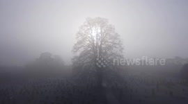4K 30fps fogy frosty day over the cemetery, view from the air mini 2 morning with beautiful sunshine
