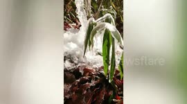 Water dripping from hose pipe frozen during cold snap in Japan