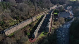 Aerial View of New Lanark during January 2023 in beautiful sunlight conditions