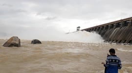 Water Release From Hirakud Dam in sambalpur Odisha India .Visitors Enjoy Watching Release of Floodwater from Hirakud Dam