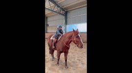 One year old girl rides her seeet horse duli and adorably tries to stop him.