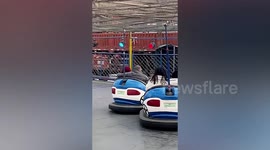 Elderly man holds elderly woman to protect her while playing bumper car