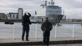 HNLMS Rotterdam (L800)  in Greenwich London today with Canary Wharf in the background